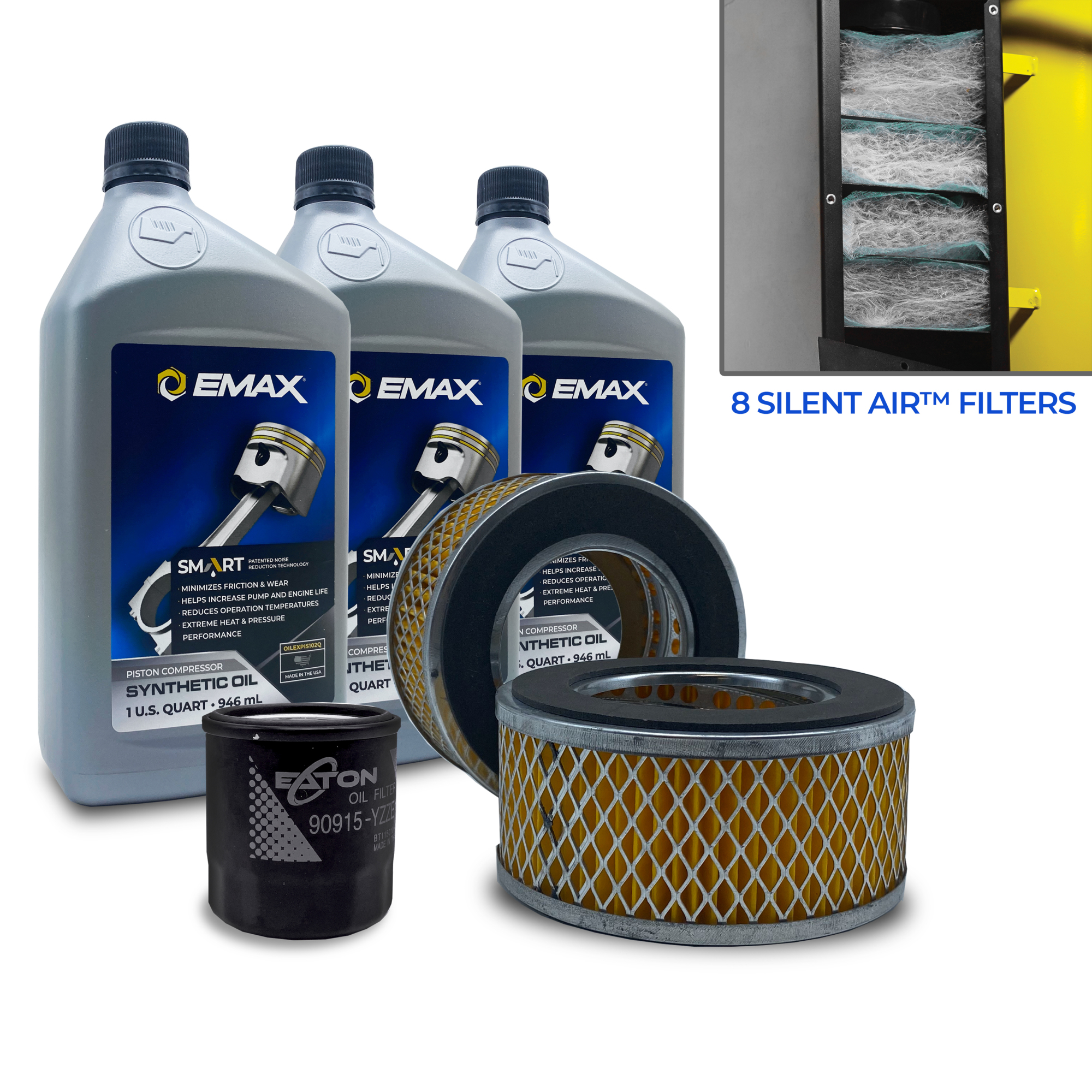 EMAX 5YR Extended Silent Air Warranty Filter Maintenance kits for 15hp - 20hp  Piston Compressors, includes (3) OILPIS102Q (2) FILTER058 (8) FILTER107 (1) FILTER130 Oil Filter , Model # EFKIT009AWBS
